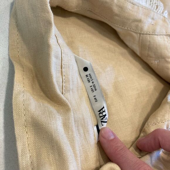 Zara 100% Linen White Beaded Leaf Tan Button Down Boho Collar Artsy Dress Small - Picture 11 of 12